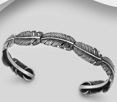 925 Sterling Silver Oxidized Feather Cuff Bracelet
