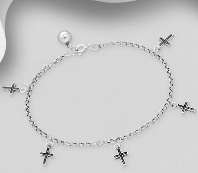 925 Sterling Silver Oxidized Bell and Cross Bracelet