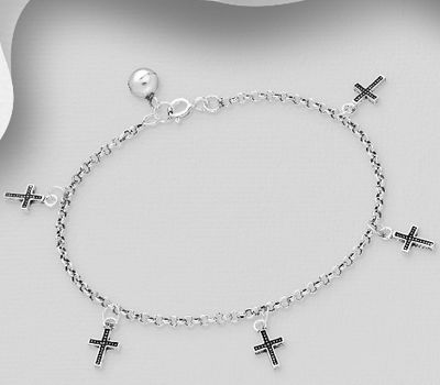 Şəkli böyütmək üçün tiklayın 925 Sterling Silver Oxidized Bell and Cross Bracelet