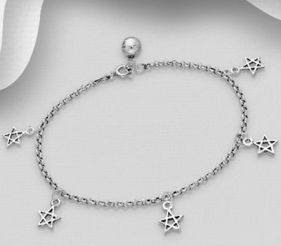 Şəkli böyütmək üçün tiklayın 925 Sterling Silver Oxidized Bell and Star Bracelet