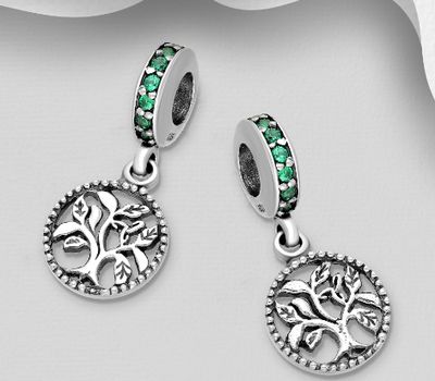 925 Sterling Silver Tree of Life Bead-Charm, Decorated with CZ Simulated Diamonds
