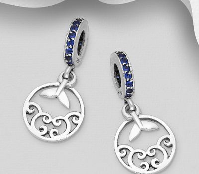 Şəkli böyütmək üçün tiklayın 925 Sterling Silver Wave and Whale Tail Bead Bead-Charm, Decorated with CZ Simulated Diamonds