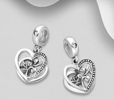 925 Sterling Silver Oxidized Heart and Leaf Bead-Charm