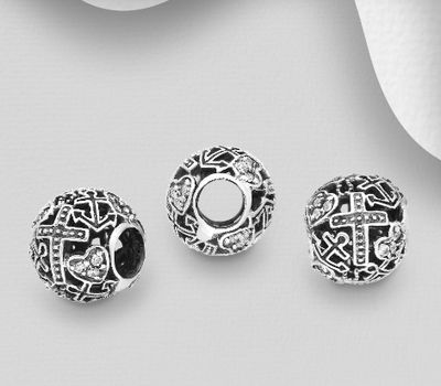 Şəkli böyütmək üçün tiklayın 925 Sterling Silver Oxidized Anchor, Cross and Heart Bead, Decorated with CZ Simulated Diamonds