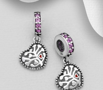 Şəkli böyütmək üçün tiklayın 925 Sterling Silver Heart And Tree of Life Bead-Charm Decorated With Colored CZ And Enamel