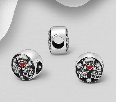 Şəkli böyütmək üçün tiklayın 925 Sterling Silver Charm Star Bead, Decorated with Colored Enamel, Santa Claus and CZ Simulated DIamonds