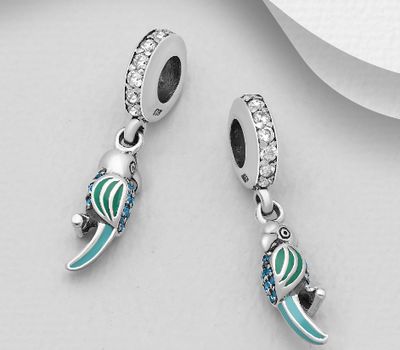 Şəkli böyütmək üçün tiklayın 925 Sterling Silver Bird Bead-Charm Decorated With CZ And Enamel