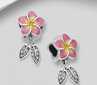 925 Sterling Silver Flower And Leaf Bead Decorated With Colored Enamel And CZ