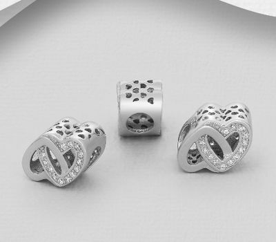 925 Sterling Silver Heart Links Bead Decorated With CZ