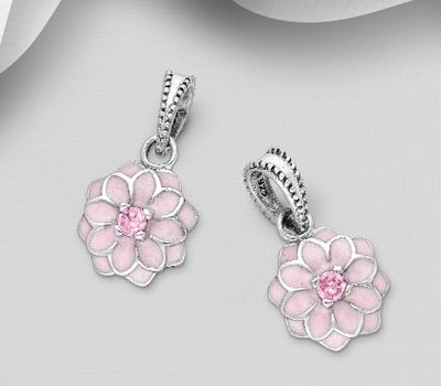 925 Sterling Silver Flower Bead-Charm, Decorated with Colored Enamel and CZ Simulated Diamonds