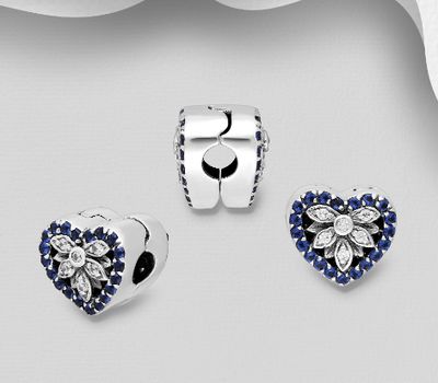 925 Sterling Silver Heart Bead, Decorated with CZ Simulated Diamonds