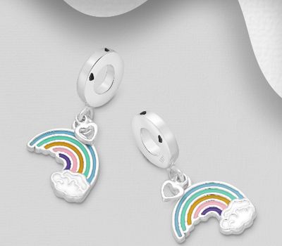 925 Sterling Silver Rainbow Bead-Charm, Decorated with Colored Enamel