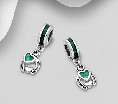925 Sterling Silver Heart Bead-Charm, Decorated with Colored Enamel