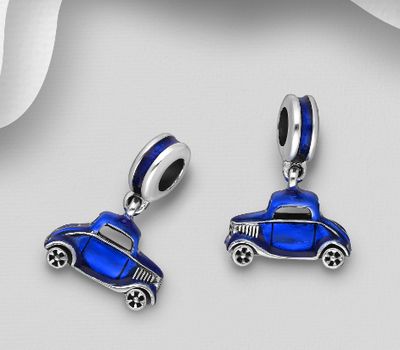 925 Sterling Silver Car Bead-Charm, Decorated with Colored Enamel