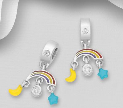 925 Sterling Silver Moon, Rainbow  and Star bead-Charm, Decorated with Colored Enamel and CZ Simulated Diamonds