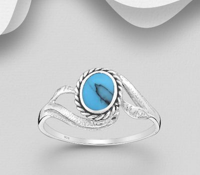 925 Sterling Silver Oxidized Ring, Decorated with Reconstructed Sky Blue Turquoise