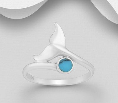 925 Sterling Silver Whale Tail Ring, Decorated with Reconstructed Turquoise