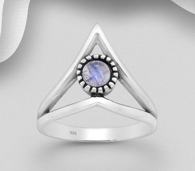 925 Sterling Silver Oxidized Chevron Ring, Decorated with Various Gemstones