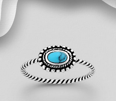925 Sterling Silver Oxidized Twist Ring, Decorated with Reconstructed Turquoise
