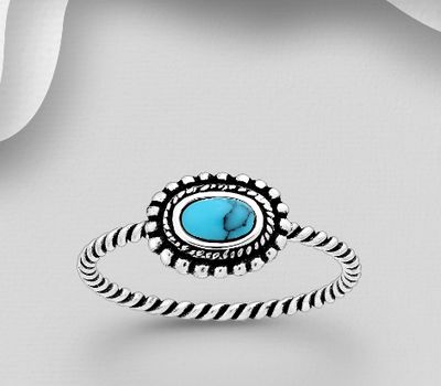 Şəkli böyütmək üçün tiklayın 925 Sterling Silver Oxidized Twist Ring, Decorated with Reconstructed Turquoise