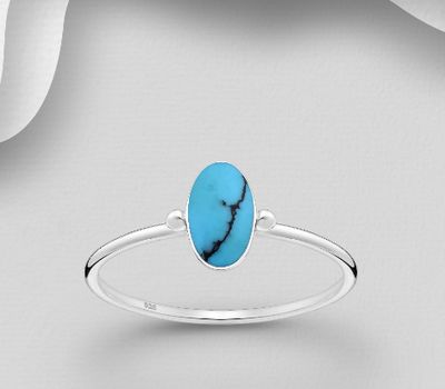 925 Sterling Silver Ring, Decorated with Reconstructed Sky-Blue Turquoise