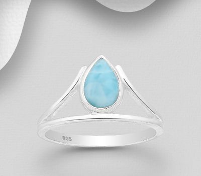 925 Sterling Silver Ring, Decorated with Pear-Shaped Larimar