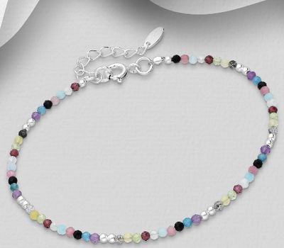 925 Sterling Silver Ball Elastic Bracelet, Beaded with Amazonite, Amethyst, Black Agate, Blue Apatite, Garnet, Peridot, Pink Tourmaline and Rainbow Moonstone