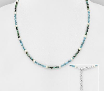 925 Sterling Silver Necklace, Beaded with Blue Agate, Freshwater Pearls and Turquoise
