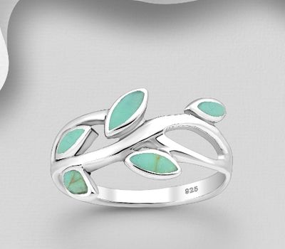 Şəkli böyütmək üçün tiklayın 925 Sterling Silver Leaf Ring, Decorated with Reconstructed Turquoise or Various Colored Resins