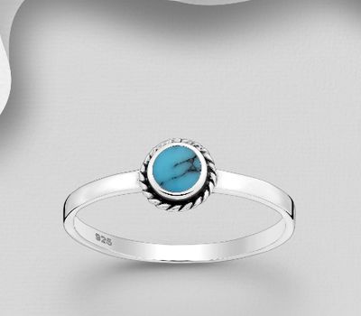 925 Sterling Silver Oxidized Circle Ring, Decorated with Reconstructed Sky-Blue Turquoise