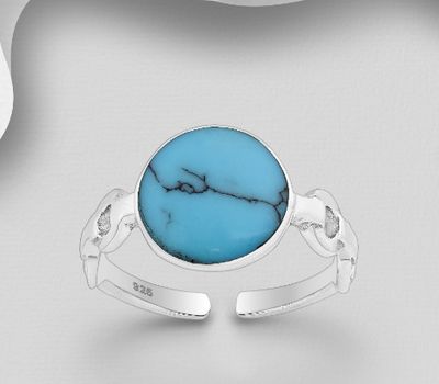 925 Sterling Silver Adjustable Ring, Decorated with Reconstructed Stone or Resin