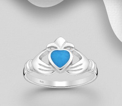 925 Sterling Silver Claddagh Ring, Decorated with Reconstructed Stone