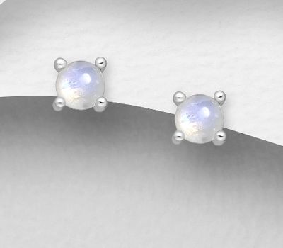 925 Sterling Silver Push-Back Earrings, Decorated with Rainbow Moonstone