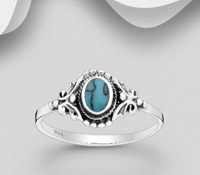 925 Sterling Silver Oxidized Oval Ring, Featuring Swirl Design, Decorated with Reconstructed Sky-Blue Turquoise
