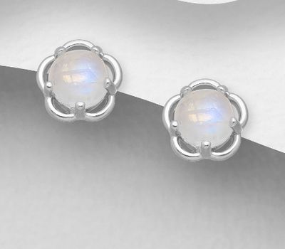 925 Sterling Silver Flower Push-Back Earrings, Decorated with Rainbow Moonstone