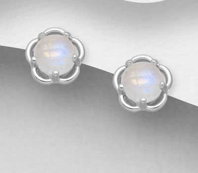 Şəkli böyütmək üçün tiklayın 925 Sterling Silver Flower Push-Back Earrings, Decorated with Rainbow Moonstone