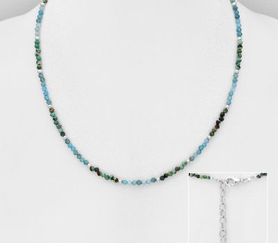 925 Sterling Silver Necklace, Beaded with Blue Agate and Turquoise