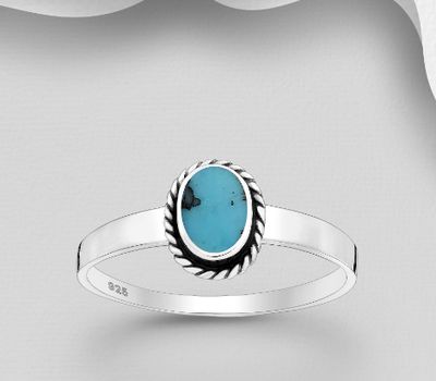 925 Sterling Silver Oxidized Oval Ring, Decorated with Reconstructed Sky-Blue Turquoise