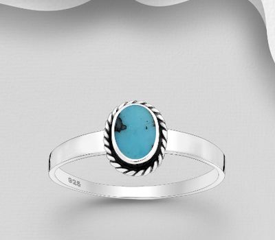 Şəkli böyütmək üçün tiklayın 925 Sterling Silver Oxidized Oval Ring, Decorated with Reconstructed Sky-Blue Turquoise
