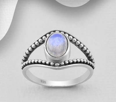 Şəkli böyütmək üçün tiklayın 925 Sterling Silver Oxidized Ring, Decorated with Rainbow Moonstone