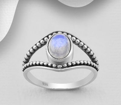 925 Sterling Silver Oxidized Ring, Decorated with Rainbow Moonstone