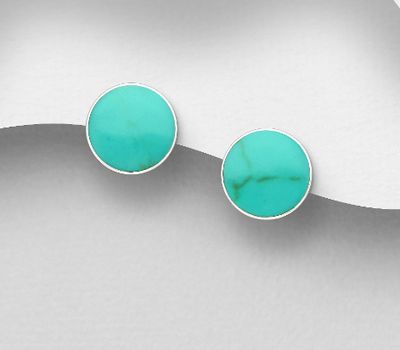 925 Sterling Silver Round Push-Back Earrings, Decorated with Reconstructed Light Green Turquoise