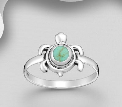 925 Sterling Silver Turtle Ring, Decorated with Reconstructed Turquoise or Resin