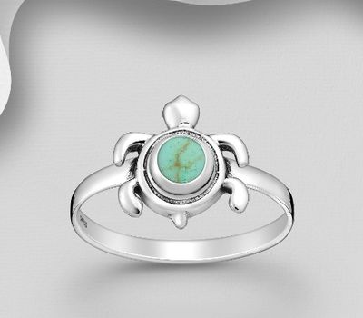 Şəkli böyütmək üçün tiklayın 925 Sterling Silver Turtle Ring, Decorated with Reconstructed Turquoise or Resin