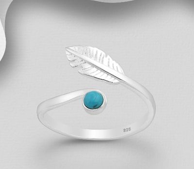 925 Sterling Silver Adjustable Leaf Ring, Decorated with Reconstructed Sky-Blue Turquoise