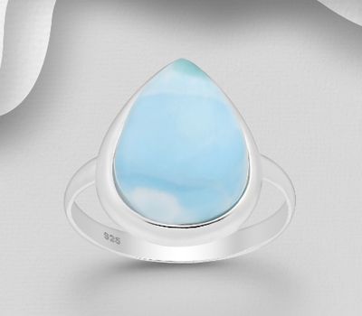 925 Sterling Silver Droplet Ring, Decorated with Larimar
