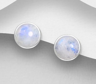 925 Sterling Silver Circle Push-Back Earrings, Decorated with Rainbow Moonstone