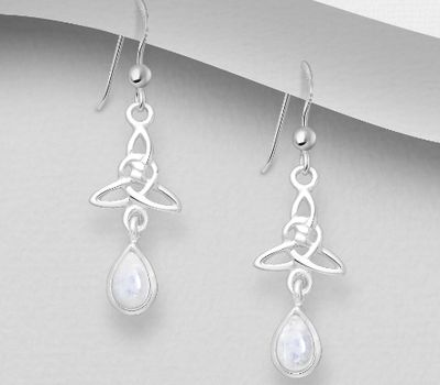 925 Sterling Silver Celtic Hook Earrings, Decorated with Rainbow Moonstones