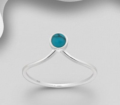 925 Sterling Silver Chevron Ring, Decorated with Reconstructed Sky-Blue Turquoise or Black Agate