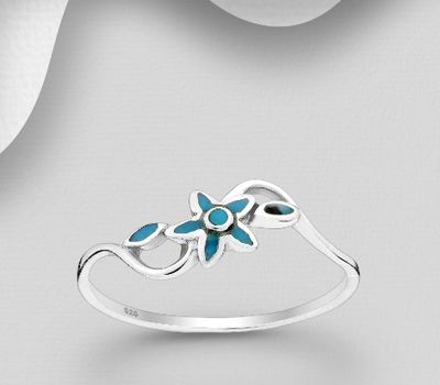 925 Sterling Silver Flower Ring, Decorated with Reconstructed Sky-Blue Turquoise